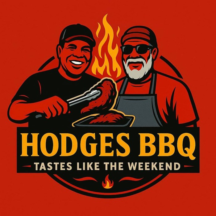 Hodges BBQ logo — two pitmasters over an open flame